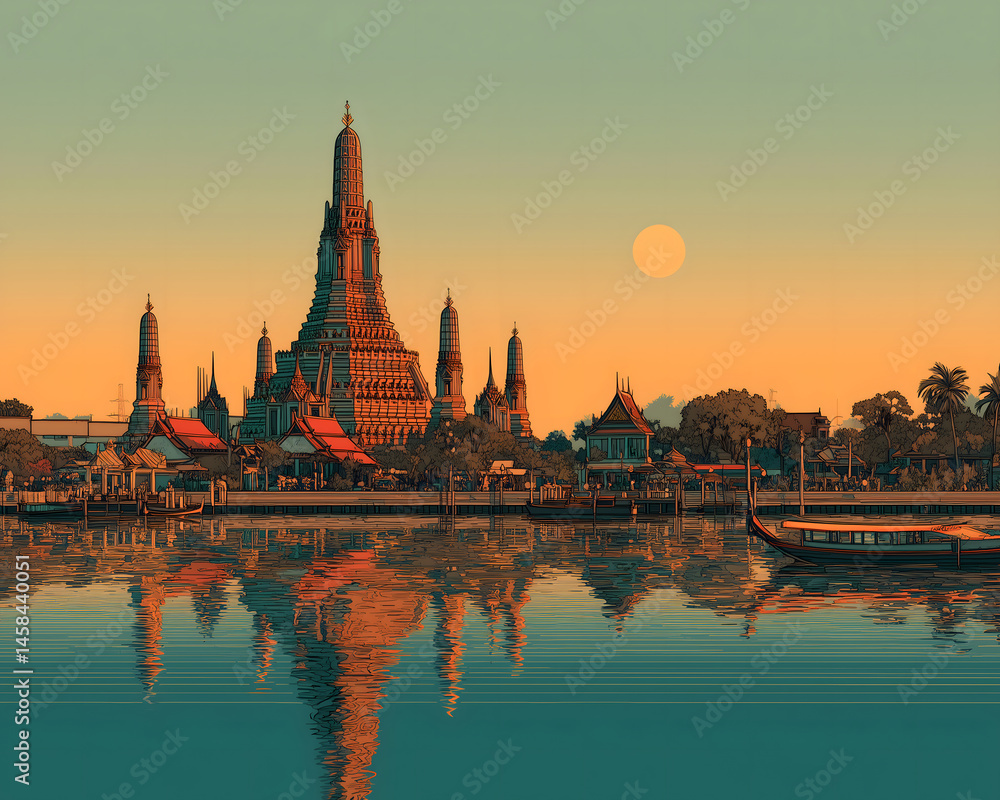 Obraz premium Scenery of Wat Arun, Bangkok, Thailand in illustrations, presentation images, travel image ideas, tourism promotion, postcards, generative AI