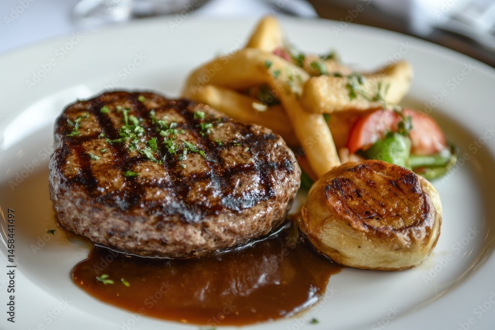 restaurant-style hamburger neatly placed on a white serving plate restaurant-style hamburger neatly placed on a white serving plate