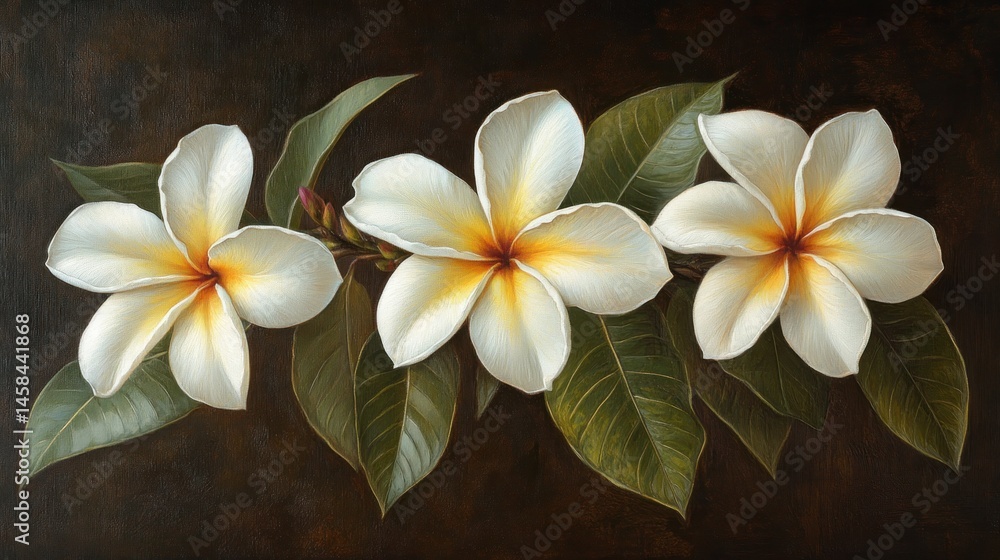 Fototapeta premium Serene Plumeria Trio: A Botanical Masterpiece