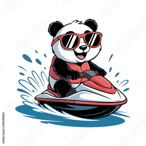 vintage cartoon illustration panda wearing sunglasses is riding a jet ski.