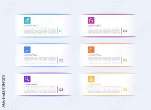 Six steps or options vector infographic template with icons. Infographic design for presentation slides