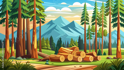 Forest pine and spruce trees. Log trunks pile, the logging timber wood industry. Wide banner or panorama wooden trunks.