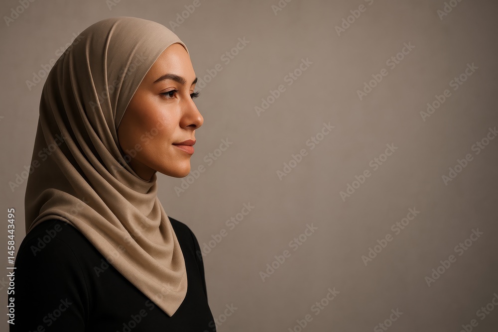 Elegant side profile of Muslim woman in hijab against soft background