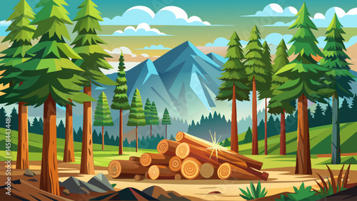 Forest pine and spruce trees. Log trunks pile, the logging timber wood industry. Wide banner or panorama wooden trunks.