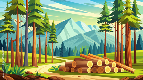 Forest pine and spruce trees. Log trunks pile, the logging timber wood industry. Wide banner or panorama wooden trunks.