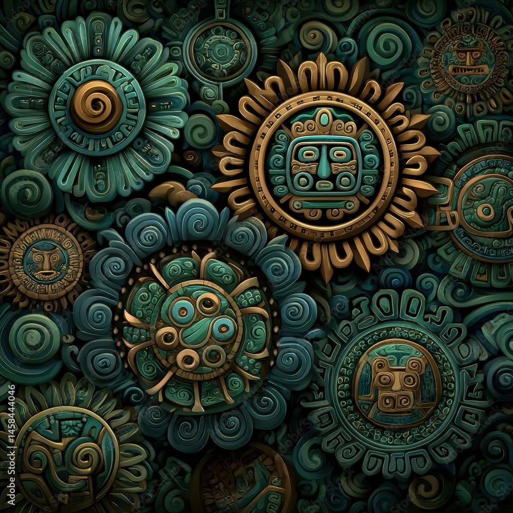 Intricate Mayan-inspired circular patterns with detailed carvings and vibrant teal and gold accents. Intricate Mayan-inspired circular patterns with detailed carvings and vibrant teal and gold accents.