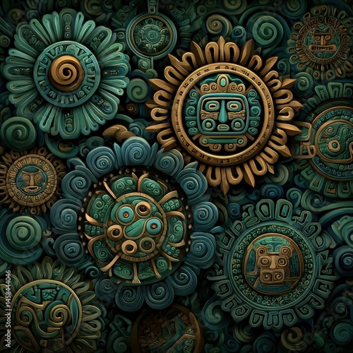 Intricate Mayan-inspired circular patterns with detailed carvings and vibrant teal and gold accents.