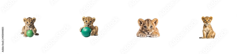 Fototapeta premium Lion Cubs Various Poses Playing, Resting, Looking, Isolated, Cut Out transparent