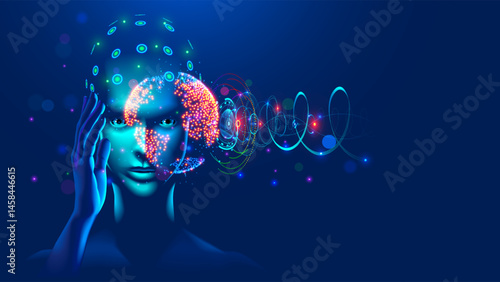 AI or artificial intelligence the form of a human face or head with a glowing brain holds the planet Earth in its hand with an abstract hud interface. Abstract tech background with the face of AI.