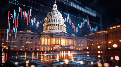 Capitol building illuminated at night with stock market charts overlay highlighting economic trends and data analysis in Washington D.C