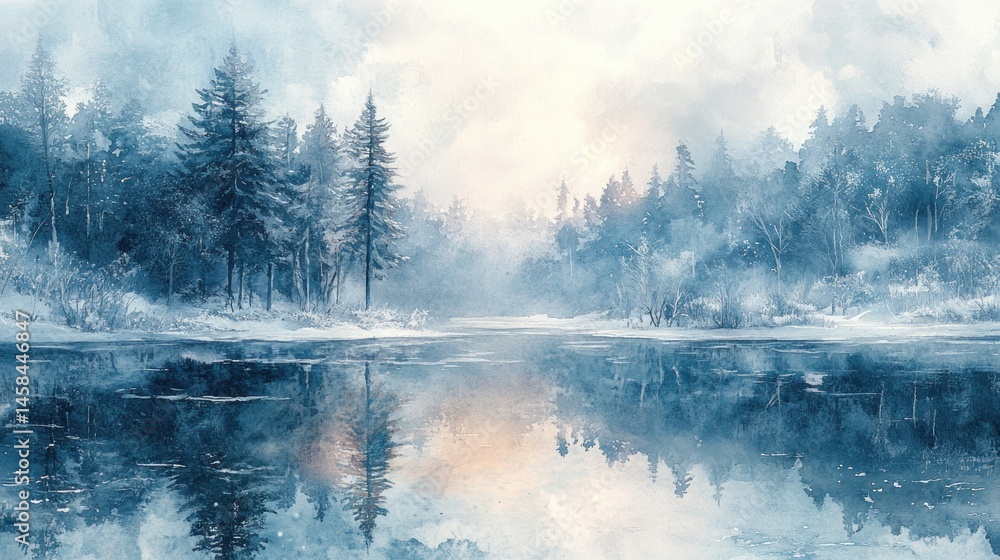 Fototapeta premium Winter Serenity: A Watercolor Landscape of Tranquil Forest Lake Reflection