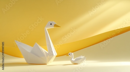 Fototapeta Naklejka Na Ścianę i Meble -  Origami swans minimalist paper bird art yellow background