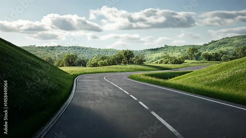 Winding Asphalt Road Through Lush Green Hills and Meadows Under a Sunny Sky