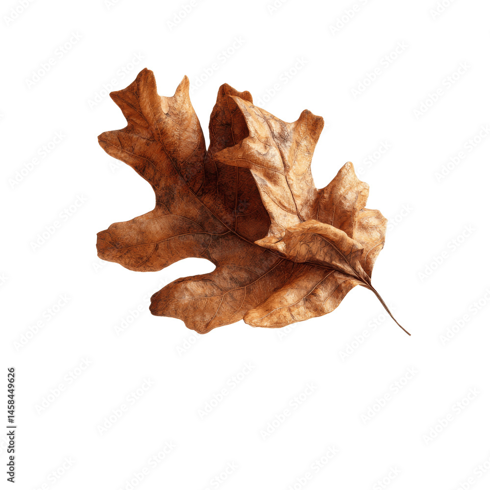 Fototapeta premium Single Dried Brown Oak Leaf on Green Transparent background