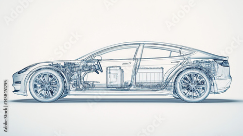 line art 3D illustration displays a modern electric car chassis x-ray, revealing the vehicle battery in a studio environment