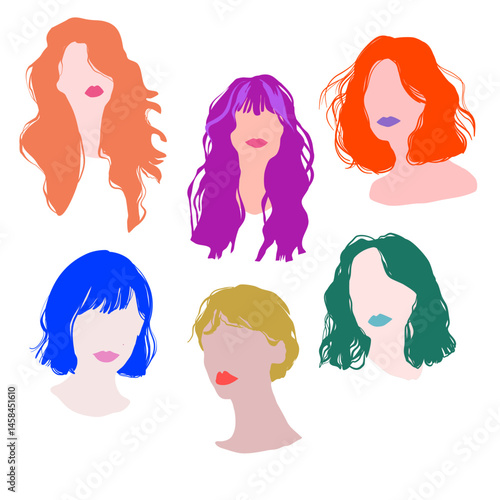 Colorful Flat Design Woman Portraits – Fashion Hairstyles Collection with bright colors. Modern vector faces, lips  and wavy hair silhouette drawings set 