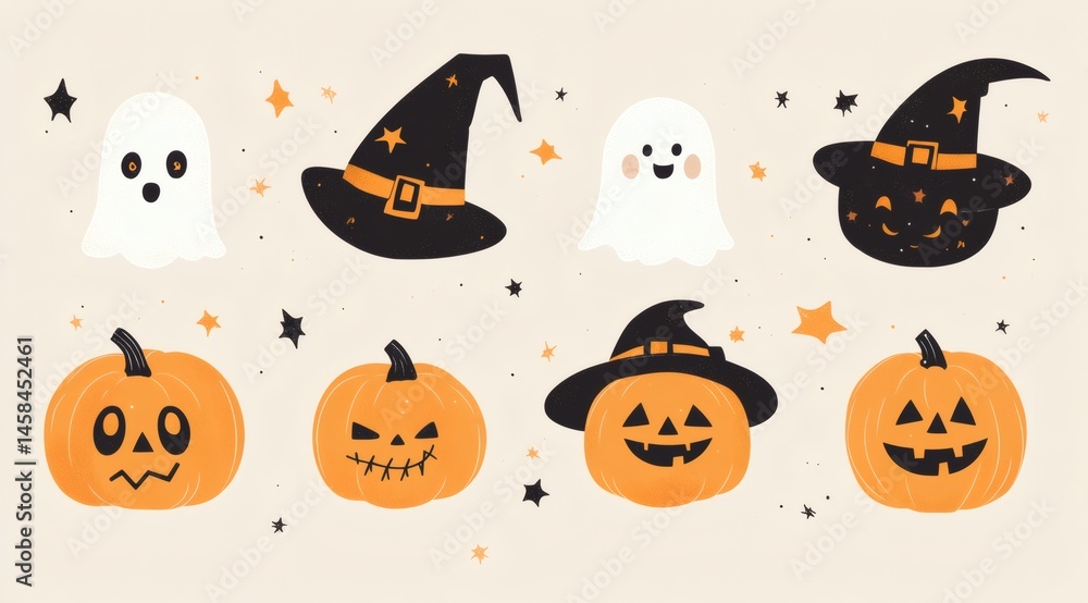 Cute cartoon halloween faces with ghosts pumpkins witch hat and pastel beige background for playful spooky clipart and themed festive illustration usage in holiday designs,
Cute cartoon halloween faces with ghosts pumpkins witch hat and pastel beige background for playful spooky clipart and themed festive illustration usage in holiday designs,