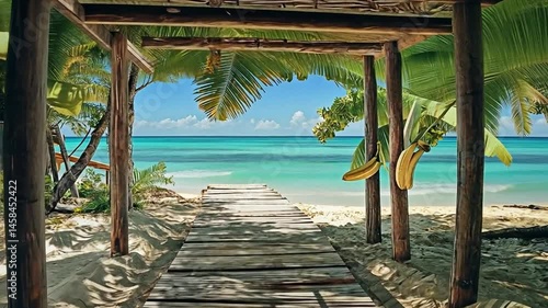 Wooden path leads to tropical beach under banana leaves