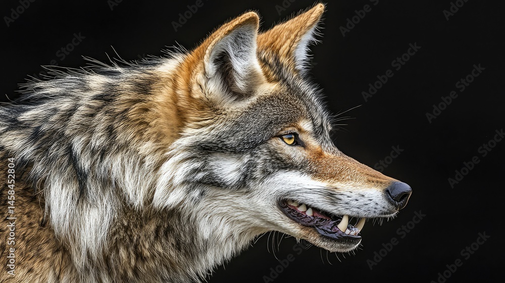 Fototapeta premium Close-up profile of a wolf against a black background, showing its fur, teeth, and eyes.