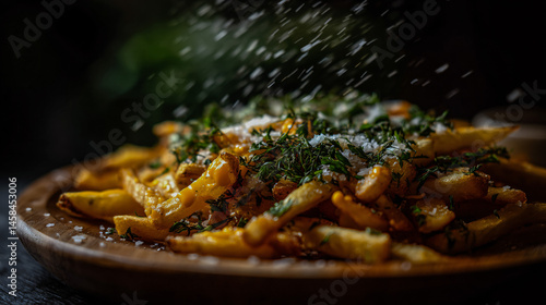 Loaded french tike with cheddar cheese, served with sweet herbs and sea salt on a wooden plate.