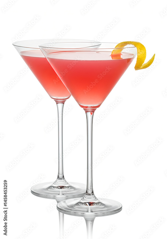 Pink Cosmopolitan cocktail with lemon twist garnish isolated on a white background. Mixology, bar menu cocktails in coupe plate and martini glass, colorful refreshing drink Pink Cosmopolitan cocktail with lemon twist garnish isolated on a white background. Mixology, bar menu cocktails in coupe plate and martini glass, colorful refreshing drink