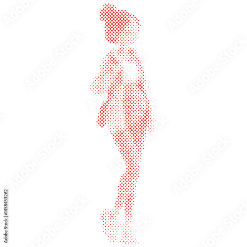 A pregnant woman with pregnancy belly cartoon in halftone style retro modern