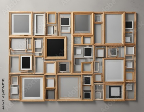 Photo collage frame mockup; grid of various shaped frames, stylish photo arrangement , texture, oval