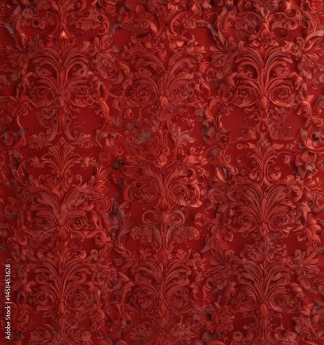 Rich red damask wallpaper, ornate swirls and flourishes , pattern, geometric