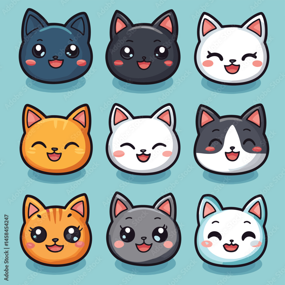 Set kit Cat Kitty kitten kawaii chibi Emoji character sticker emoticon smile emotion mascot, vector style simple color Set kit Cat Kitty kitten kawaii chibi Emoji character sticker emoticon smile emotion mascot, vector style simple color