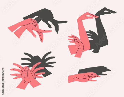 Cartoon Color Different Hand Shadow Puppets Spider, Swan and Beak Set. Vector illustration of Hands Creating Various Shapes