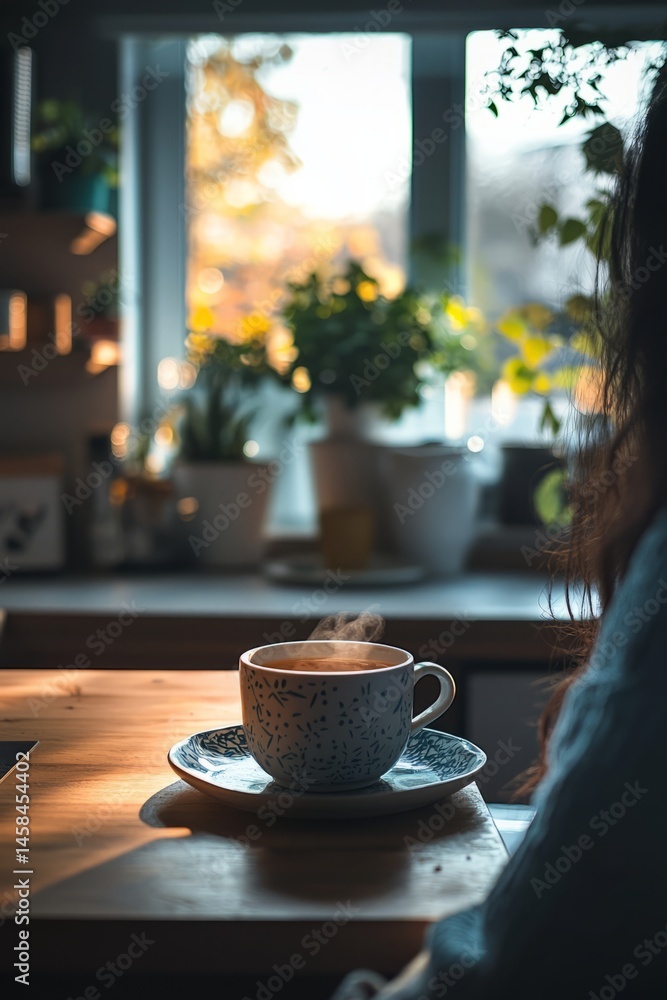 Obraz premium A warm, inviting kitchen with a cup of tea on the table. A person is sipping their tea, trying to unwind after weeks of feeling burned out and overstressed.