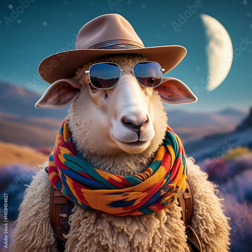 : night sky sheep with crescent moon in background, wearing sunglasses and scarf, modern qurbani animal portrait for eid ul adha celebration and islamic holiday artwork