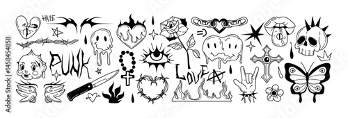 Y2k tattoo art stickers in graffiti doodle style. Hand drawn black goth chain, burning heart, flame, butterfly, knife, open mouth with tongue, rock punk skull, melting smile face. Emo gothic symbols