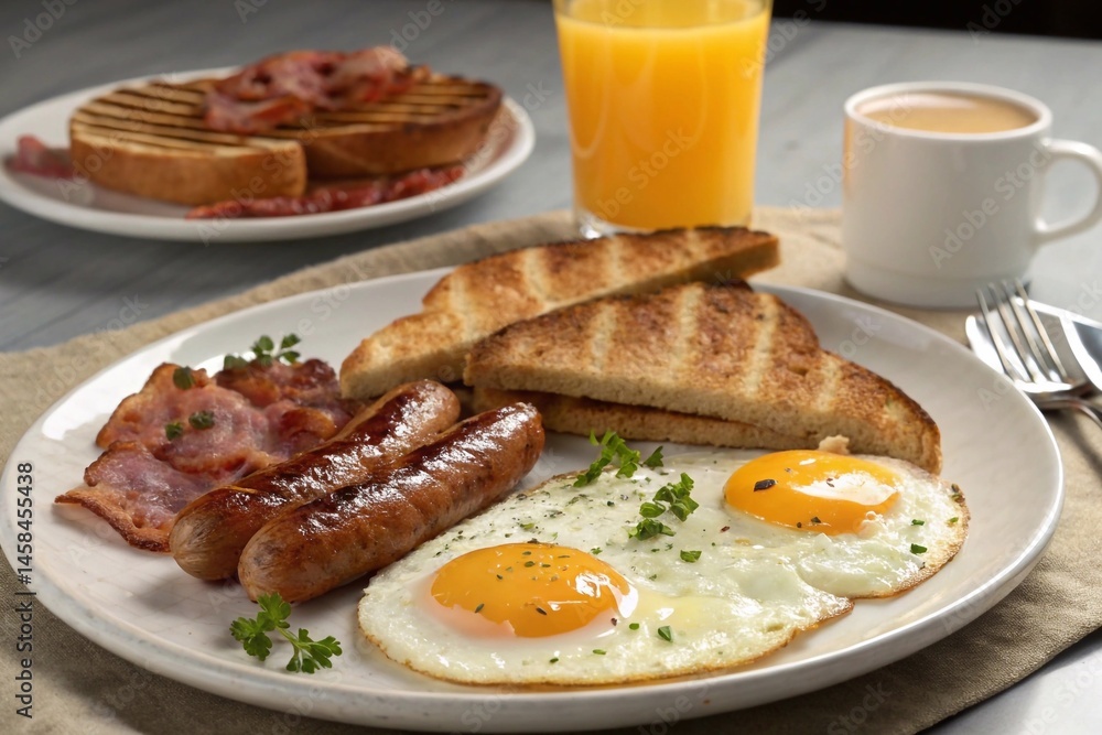American breakfast: scrambled eggs, bacon, sausages, toast and orange juice in a glass. High quality photo American breakfast: scrambled eggs, bacon, sausages, toast and orange juice in a glass. High quality photo