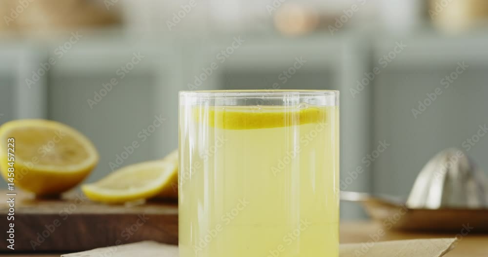 Glass of water with lemon slice in hand of woman Glass of water with lemon slice in hand of woman