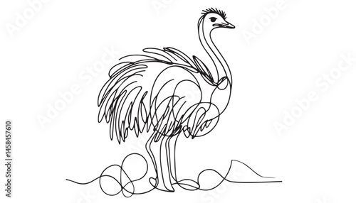 Continuous one single minimal line drawing ostrich