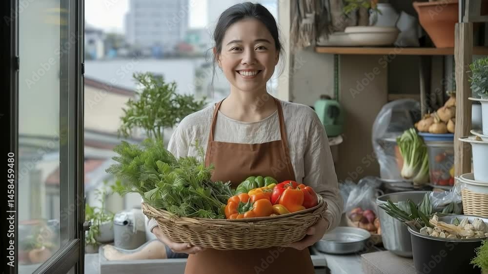 In a lively urban kitchen, a woman smiles proudly while presenting her basket filled with fresh vegetables and herbs. In a lively urban kitchen, a woman smiles proudly while presenting her basket filled with fresh vegetables and herbs.