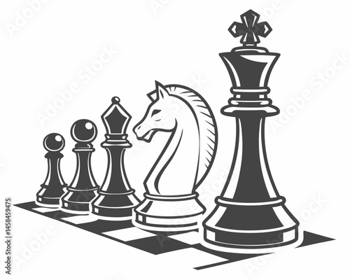 Strategic Chess Pieces on Board King Knight Pawns Intense Game Classic Design Black White Illustration Simple Style