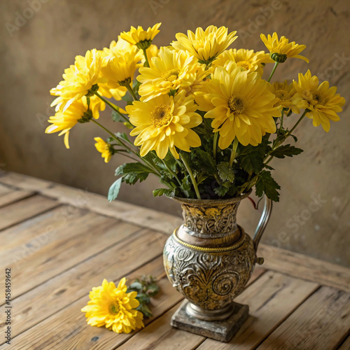 Wallpaper Mural Yellow Flowers in a Vintage Vase on Wooden Surface Torontodigital.ca