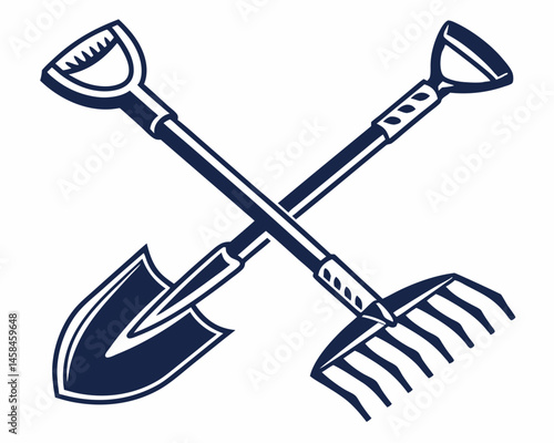 Crossed Shovel and Rake Gardening Tools Icon Dark Blue Simple Design Vector Illustration Clean Graphic White Background