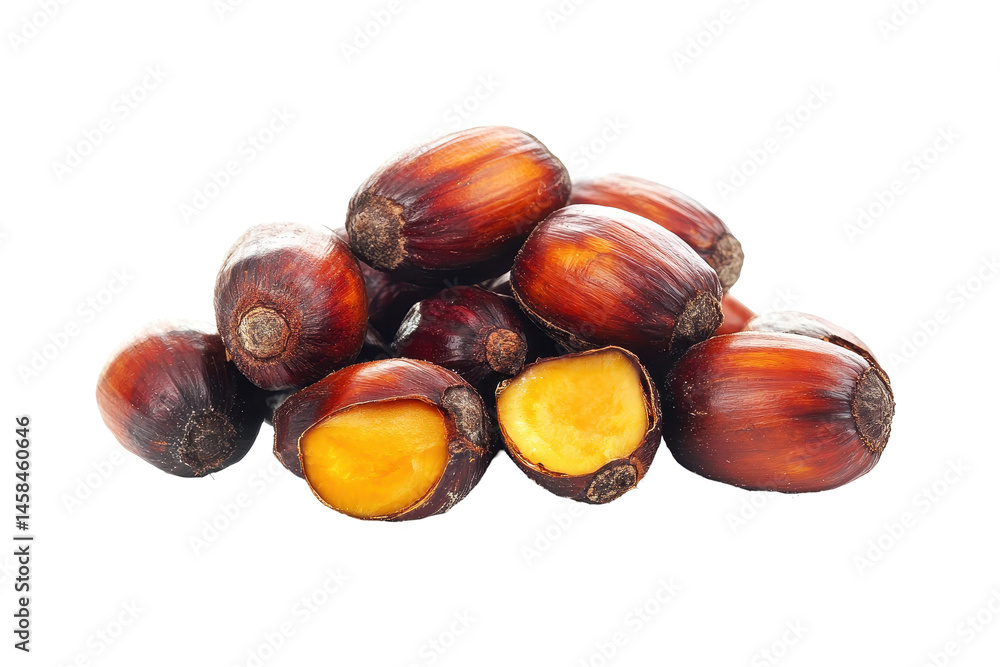 Fototapeta premium Fresh palm oil nuts shown in transparent PNG ideal for agriculture infographics and tropical farming content