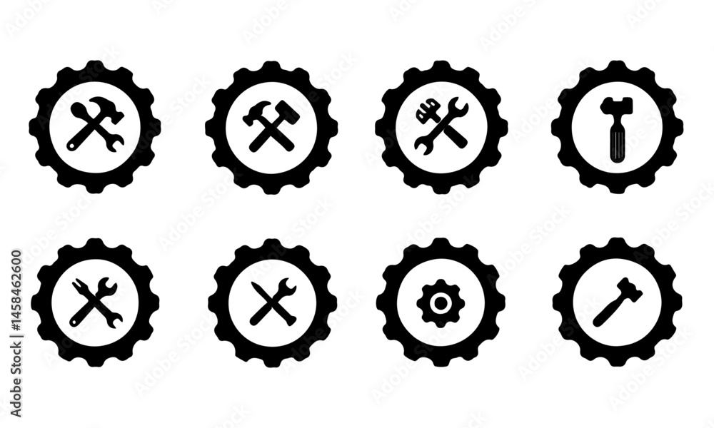 Obraz premium Black Gear and Tool Icons Set. Eight black gear icons with white centers containing various black tool icons (hammers, wrenches, screwdrivers, smaller gear)