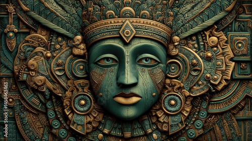 Wallpaper Mural Ornate, symmetrical mask with intricate Aztec-inspired patterns, featuring gold, green, and teal hues in a detailed, artistic design. Torontodigital.ca