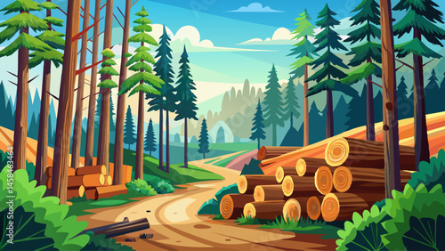 Forest pine and spruce trees. Log trunks pile, the logging timber wood industry. Very beautiful