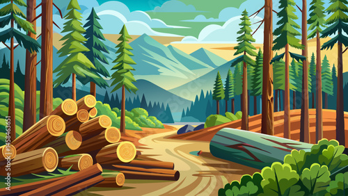 Forest pine and spruce trees. Log trunks pile, the logging timber wood industry. Very beautiful