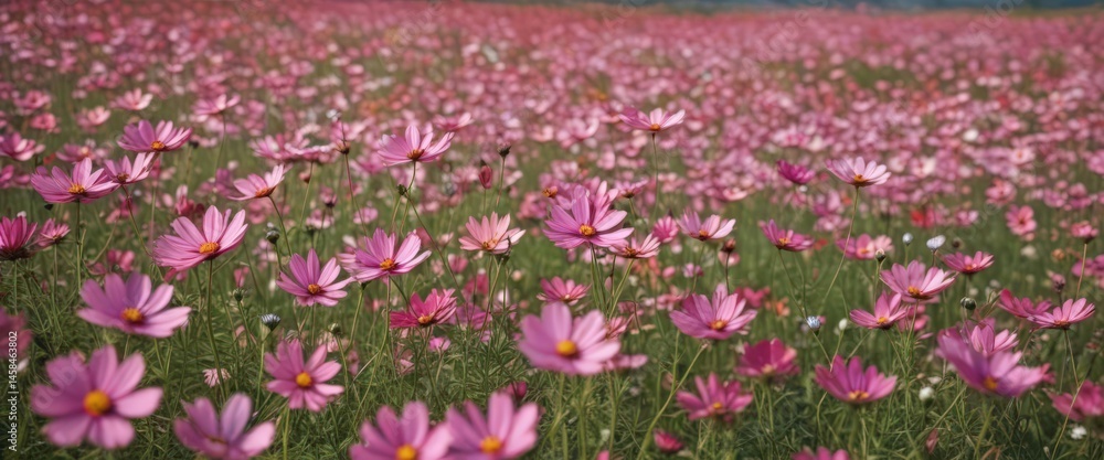 Naklejka premium Vast field of vibrant cosmos flowers swaying gently in the breeze , pretty flowers, purple cosmos