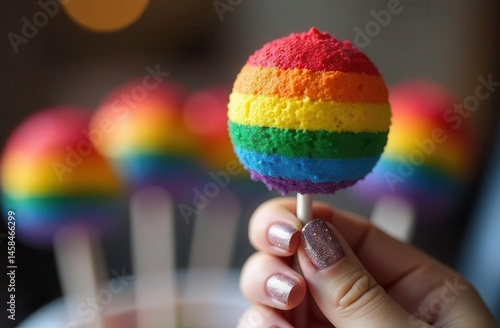 Rainbow cake pop in hand with glitter nails