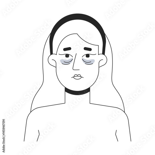 Blonde woman tired face with dark circles under eyes outline illustration. Puffiness, fatigue skincare. Caucasian white female 2D line character isolated on white. Monochrome vector ink linear image