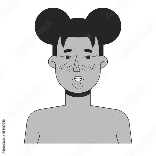 Black woman facial blackheads outline illustration. Skin breakout. Skincare acne problem. African american female clogged pores 2D line character isolated on white. Monochrome vector ink linear image