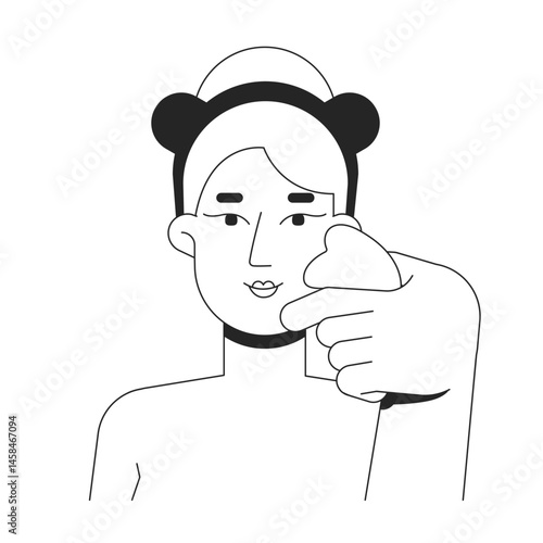 Blonde woman massaging face with gua sha tool outline illustration. Facial blood circulation. Natural lift. Caucasian female 2D line character isolated on white. Monochrome vector ink linear image